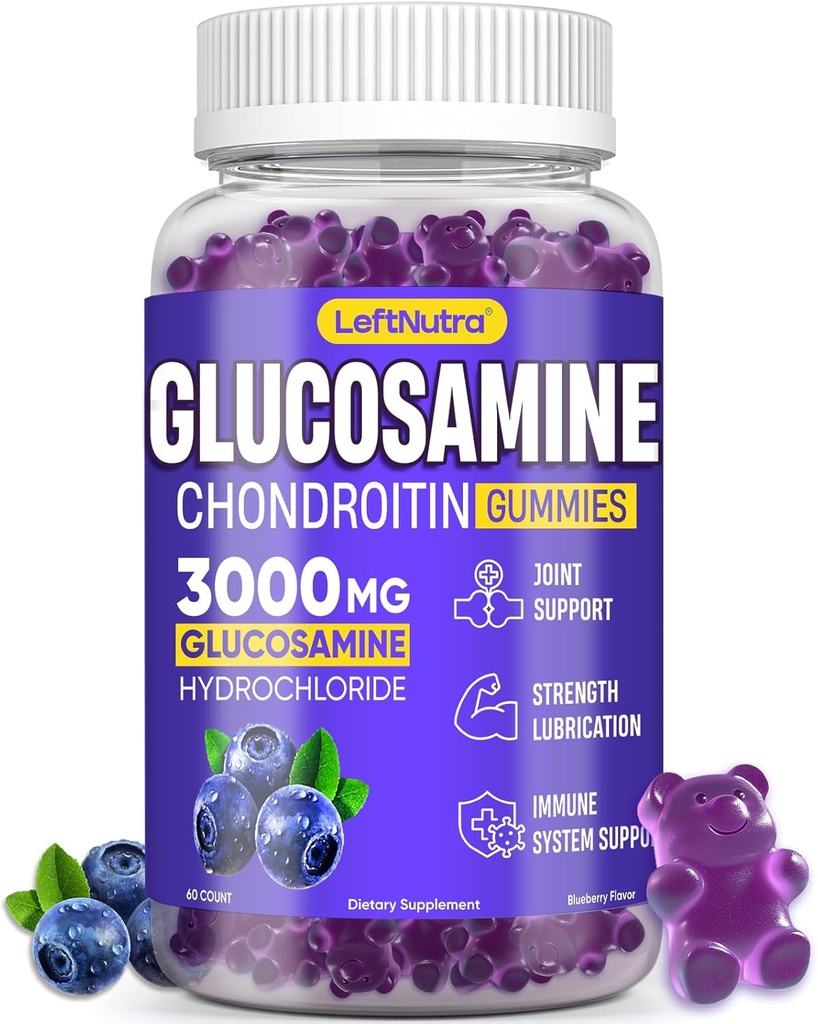 Glucosamine Chondroitin Gummies 3000 מ"ג, Advanced Glucosamine Chondroitin גב 'm, תוספת תמיכה משותפת, תמיכה נגד חמצון, עצמות וגמישות משותפת, כוח וניידות, Blueberry פלאמור