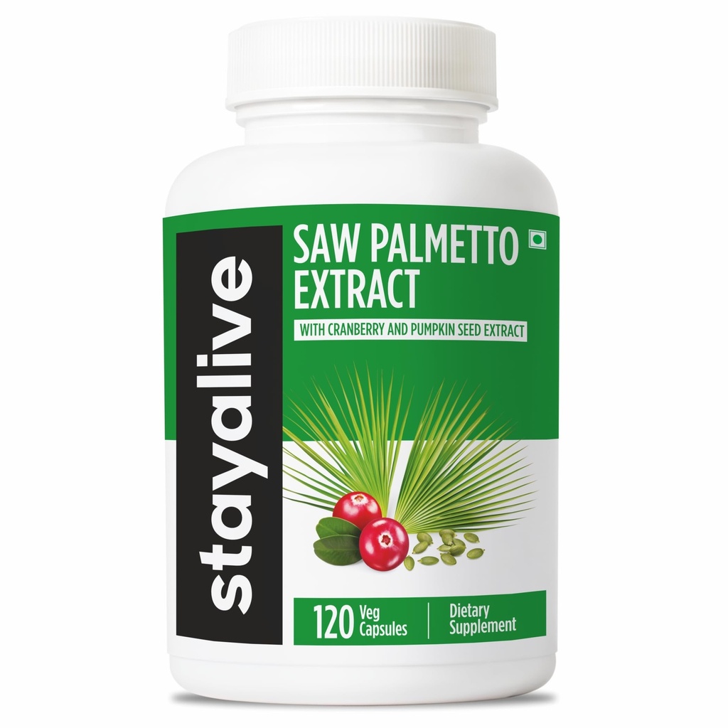 STAY ALIVE Saw Palmetto לחלץ קפסולות w/Cranberry & Pumpkin Seed שמן, 120 גלולות טבעוניות לשיער, U.T & Prostate, Pure Saw Palmetto לגברים ונשים, non-GMO, Gluten Free Pumpkin Seed תוספי Seed