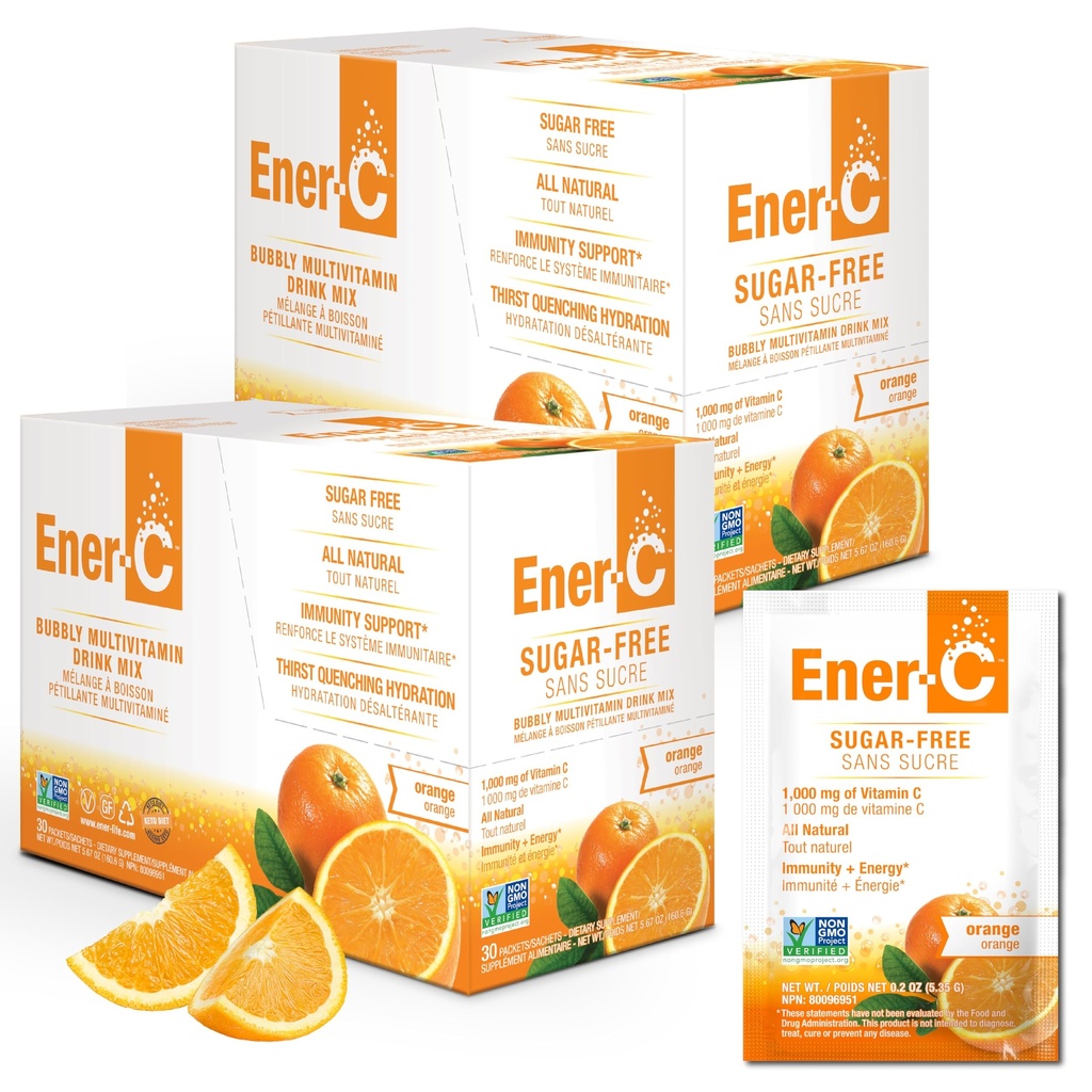 Ener-C Sugar Free Energy Orange Multivitamin שותה ויטמין C 1000 מ"ג ואלקטרוליטים - תמיכה בתחמושת טבעית עם אבקות מיץ פירות אמיתיים Non-GMO טבעוני & Gluten חינם - 60 Count Count Count