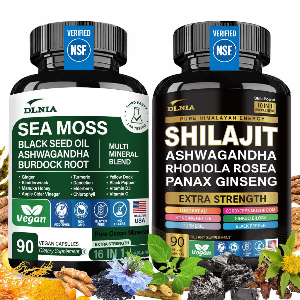 Shilajit 9000 מ"ג, Sea Moss 17500 מ"ג, ג'ינג'ר & Black Seed שמן 4000 מ"ג, Ashwagandha 5000 מ"ג, Rhodiola Rosea, 1000 מ"ג Panax גינזנג 1500 מ"ג, All in 1 - Sea Mos & Shilajit Vitality Bundle Bundle Betale Bundle ויונדלה Rosea