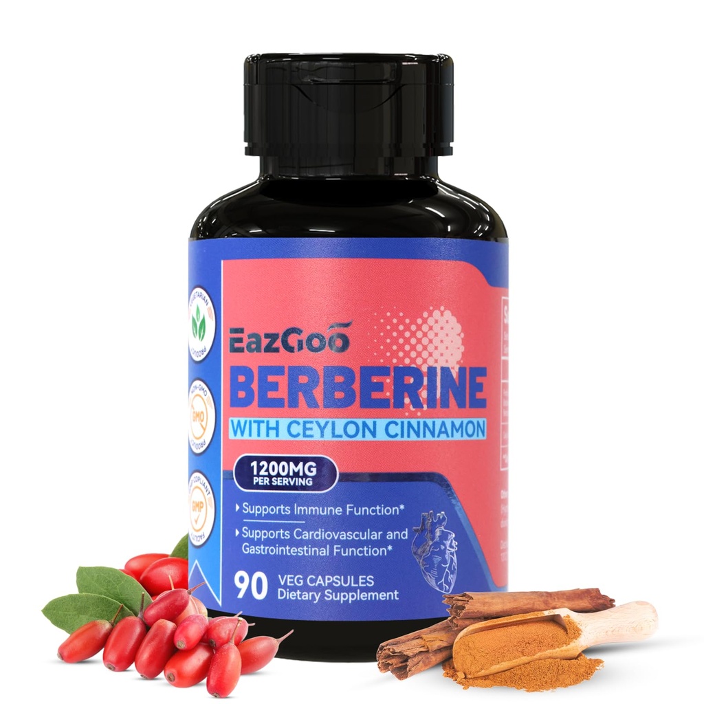 Premium Berberine תוסף 1200 מ"ג עם Ceylon Cinnamon - 90 קפסולות טבעוניות - Berberine HCL תוספת non-GMO Gluten Free, Immune Support