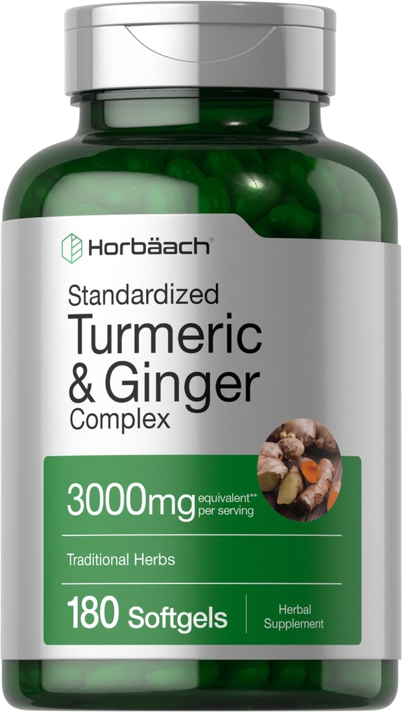 Horbäach Turmeric וג'ינג'ר | 3,000 מ"ג 180 טבליות Softgel | עם Black Pepper לחלץ | Non-GMO, Gluten Free Supplement
