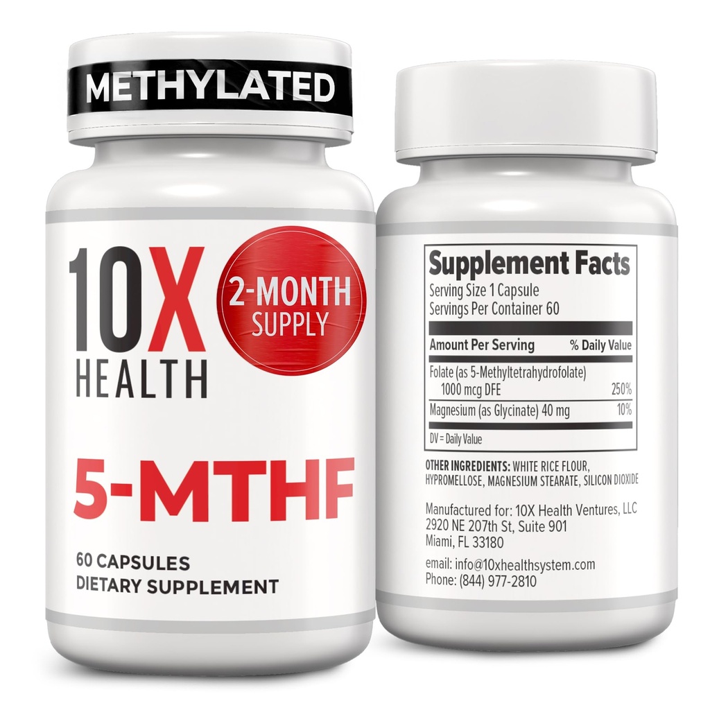 10X בריאות 5-MTHF Methylfolate - Methylated Folate & Magnesium עבור המוח, בריאות הלב, DNA ו Neurotransmitter Synthesis - bioavailable Methyl Folate - תוסף Methylfolate 60 קפסולות