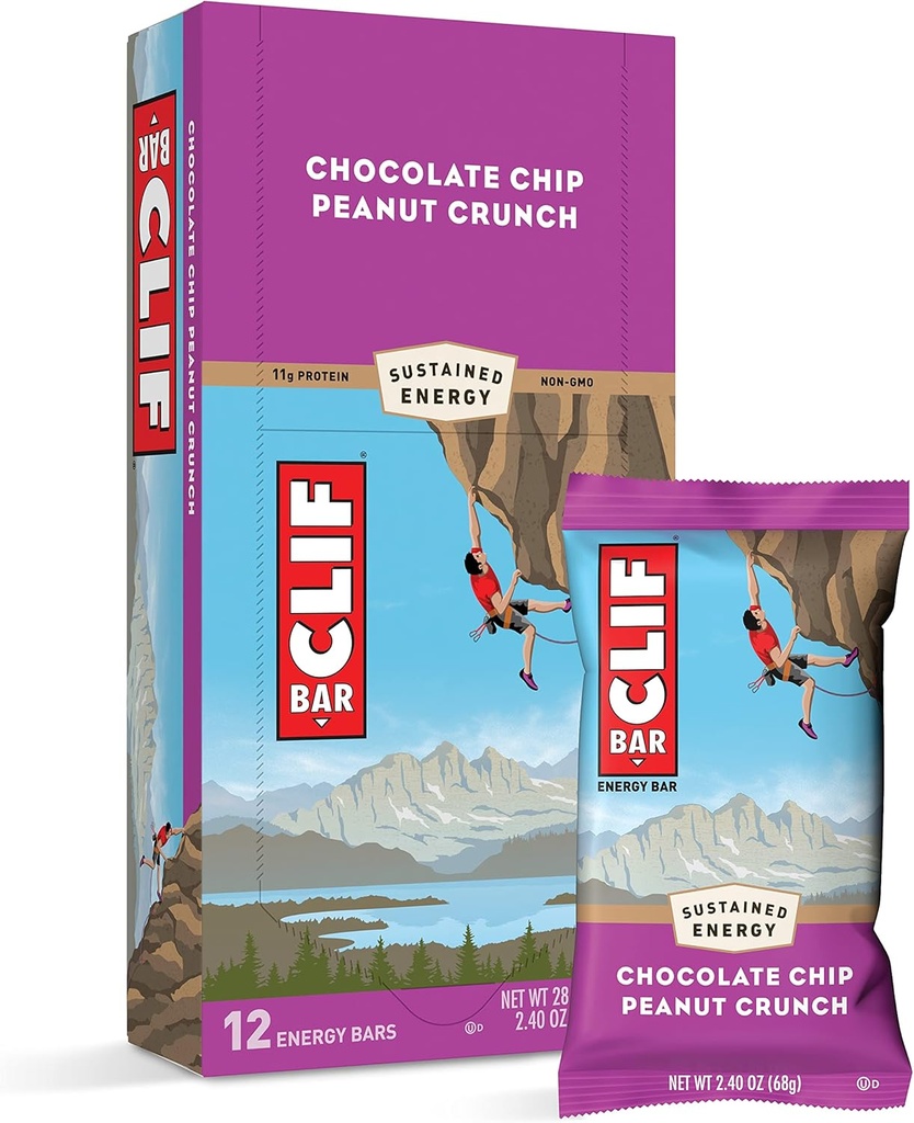 Clif Bars - Energy Bars - Chocolate Chip Peanut Crunch - Made with Organic Oats - Plant Based Food - Vegetarian - כשר (2.4 Ounce חלבונים Bars, 12 Count)