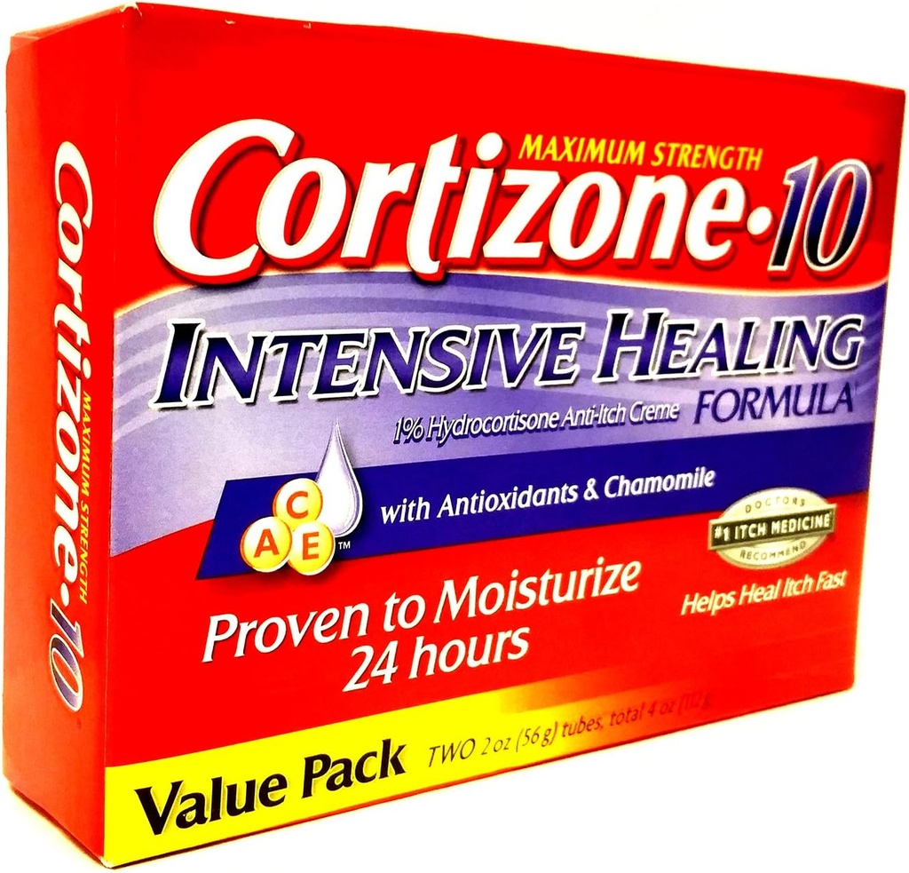 קורטיזון 10 מקסימום Strenght Intensive Healing 1% hydrocortisone Anti Itch Cream Two 20z Tubes, Total 4 ozozht Intensive Healing