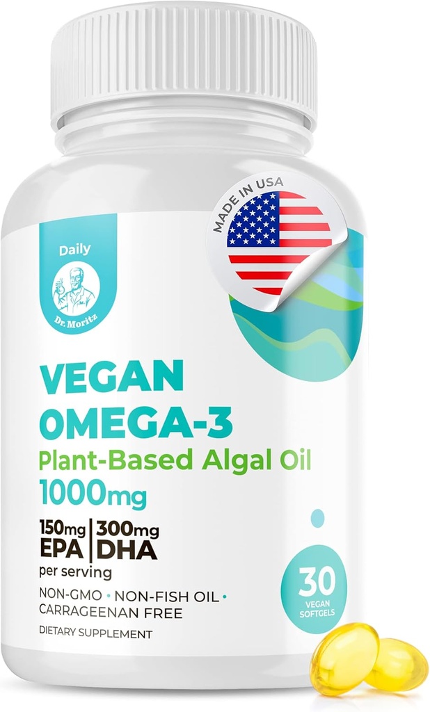 DR. MORITZ Vegan אומגה 3 Softgels for Adults and Kids, Made from Algae Oil with DHA EPA, Small Algae אומגה 3s, טבעוני, 30 Count
