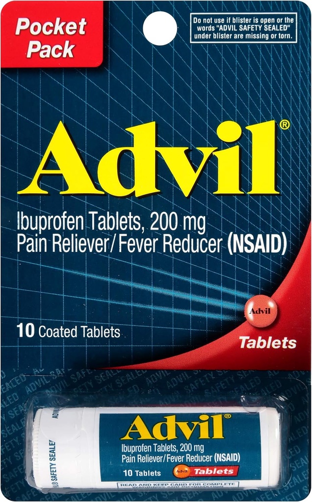 Advil Coated Tablets Pain Reliever ו- Fever, Ibuprofen 200 מ"ג, 12 x 10 Count, Travel Size Bottle
