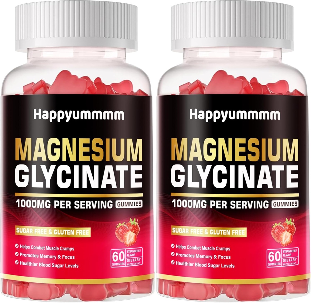 Magnesium Glycinate Gummies 1000mg - סוכר חינם Magnesium Potassium תוספת עם ויטמין D, B6, CoQ10 עבור Calm Mood & Sleep Support - 120 Strawberry חניכיים
