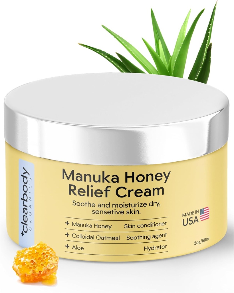Clearbody Organics Manuka Honey Cream - 2 fl oz, Pack of 1 - Soothing Eczema Cream - Deep hydrotion with Colloidal Oatmeal - מיידית Manuka הקלה עבור יבש, Itchy Skin