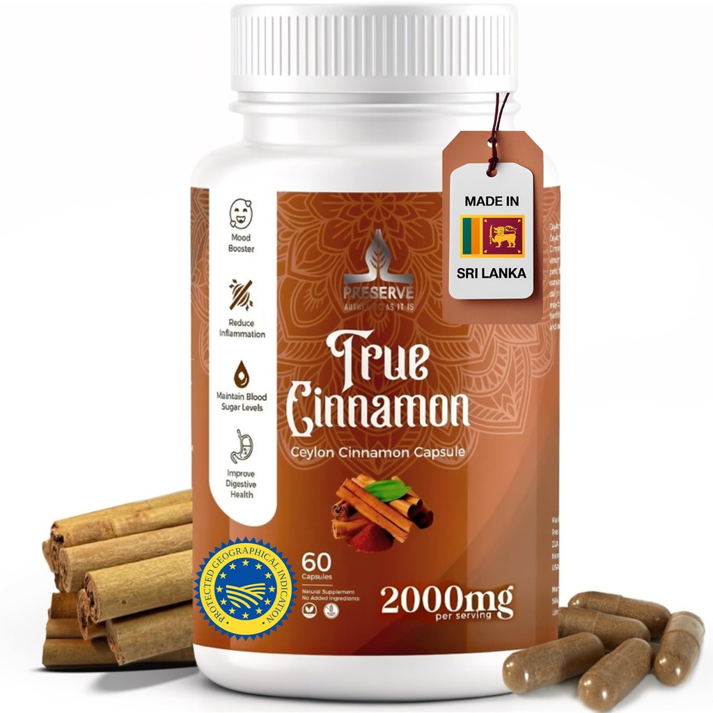 Pure Ceylon Cinnamon קפסולות, 2,000 מ"ג, תוספת של חודשיים | מיוצרת בסרי לנקה | Non-GMO, Gluten-Free, True Cinnamomum מסרי לנקה, 100% Pure Cinnamon (NOT Mix with Cassia).