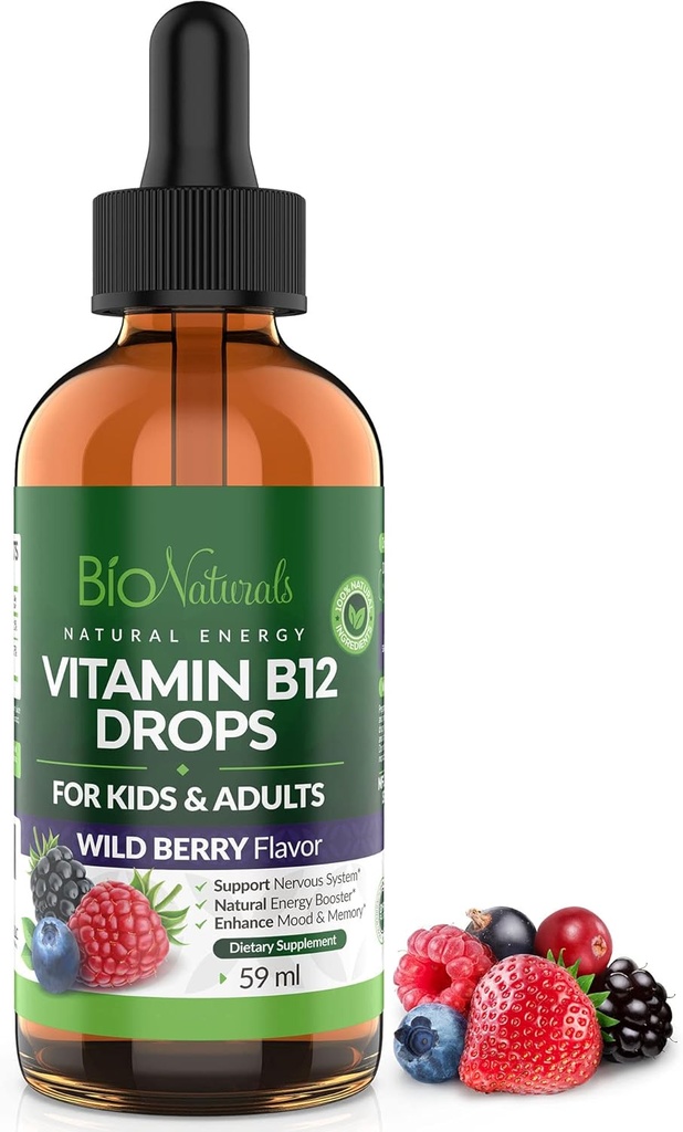 bio Naturals ויטמין B12 נוזל טיפות עבור מבוגרים וילדים - 100% חומר טבעי methyhydrobalamin - est Absorption - אנרגיה & המוח Booster עוזר עם עייפות & Weakness - Wild Berry - 2 fl ozozozazlamin - 2