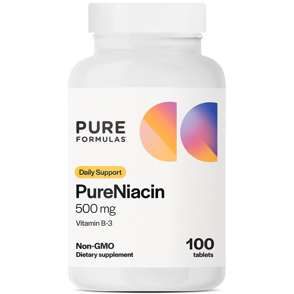 PureFormulas Pure Niacin - ויטמין B3, 500 מ"ג מיידי לשחרר Niacin 500 מ"ג - Nicotinic Acid 100 טבליות - non-GMO B3 ויטמינים
