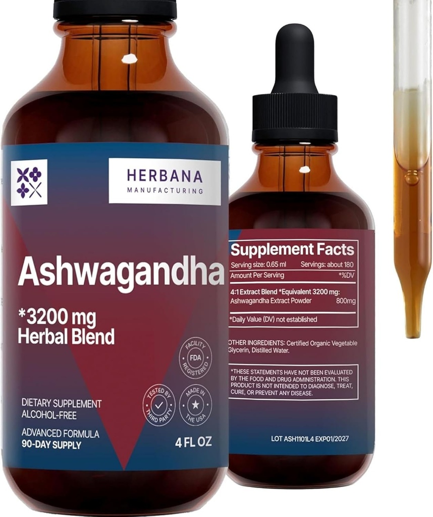 HerBANA ManUFACTUUE Ashwagandha נוזל טיפות לחלץ - שריר התאוששות Tincture - עםניה Somnifera טיפות - High Potency