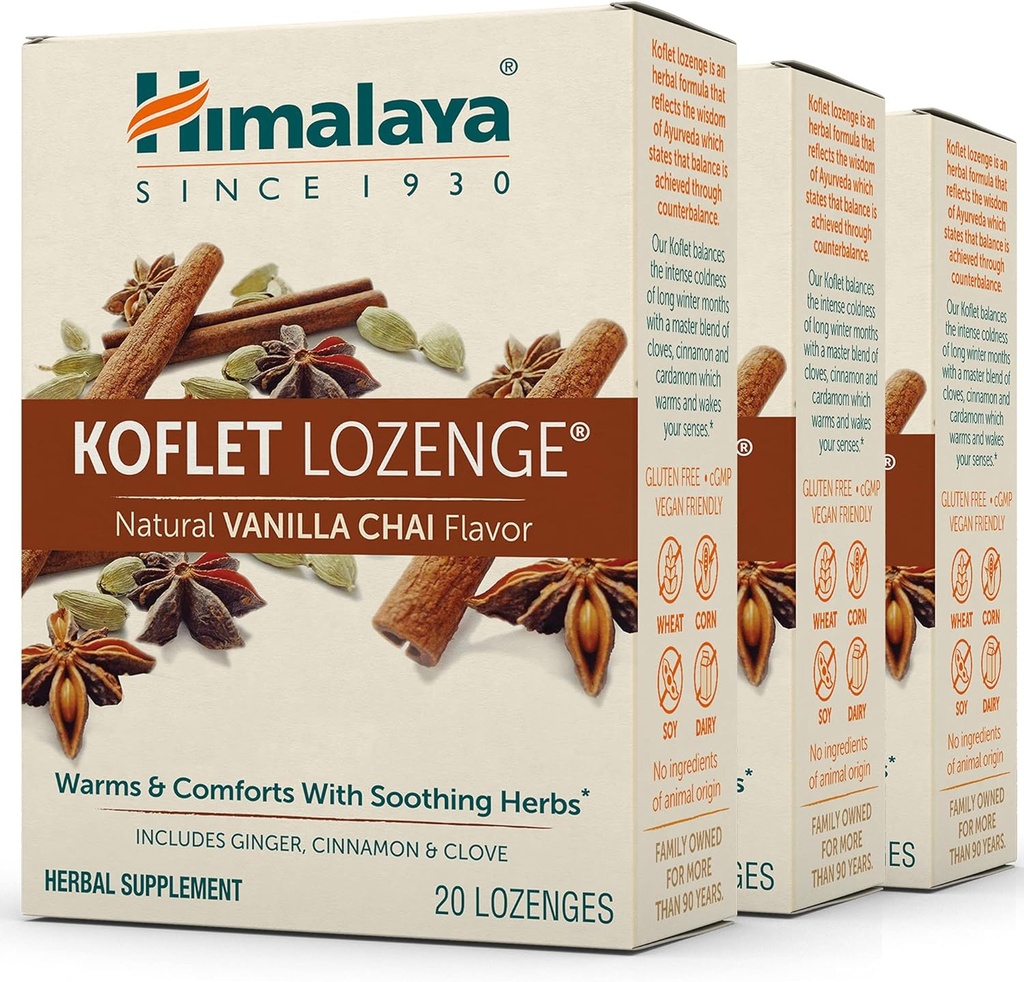 ההימלאיה Koflet Lozenges, Vanilla Chai Flavor, Natural Herbal Cough Drop for Warming Relief and Soothing Comfort, 130 מ"ג, 20 Lozenges,3 Pack