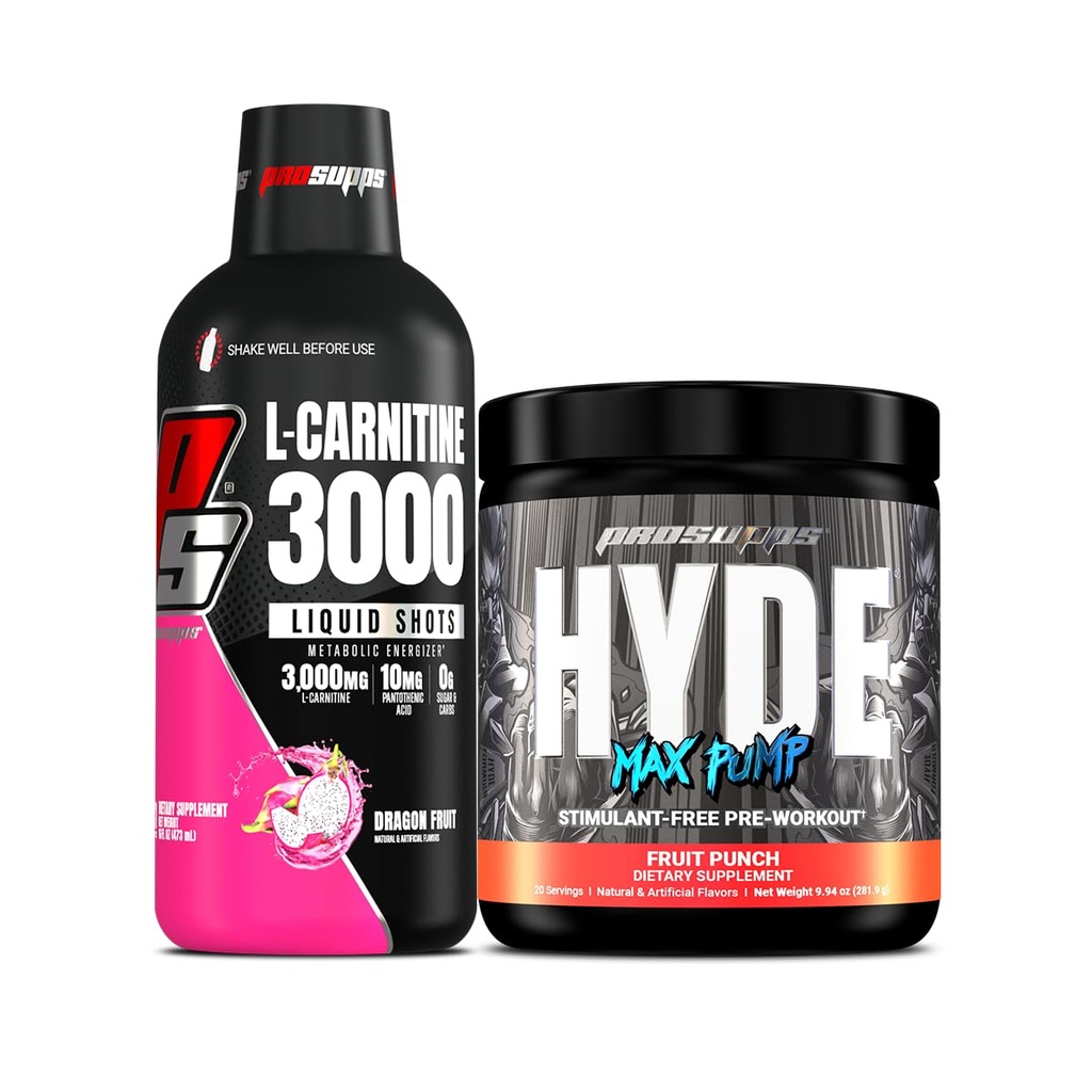 ProSUPPS L-Carnitine 3000 Stimulant Free Shots (פרי דראגון) ו-Hide Max Pump Pre Workout for Men and Women (Fruit Punch) Bundle