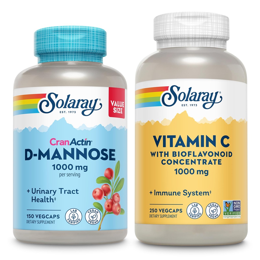 SOLA D-Mannose 1000 מ"ג עם CranActin Cranberry לחלץ (150ct) ווויטמין C 1000 מ"ג עם bioflavonoids (250ct) - Urinary Tract, Bladder Health and Immune Support Bundle - טבעוני, 60 יום ערבות ערבות ערבות להבטיח
