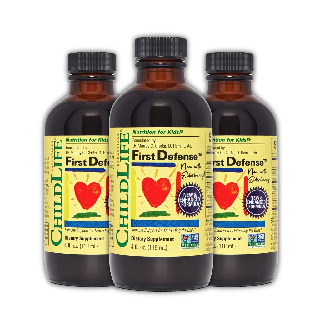 CHILDLIFE ESSENTIALS First Defense - Kids Immune Support, Immune Support for Kids, Toddlers 1-3, תינוקות 6 חודשים +, ויטמין Syrup with Elderberry, Zinc, Non GMO, Gluten Free - 4 Fl Oz (Pack של 3)