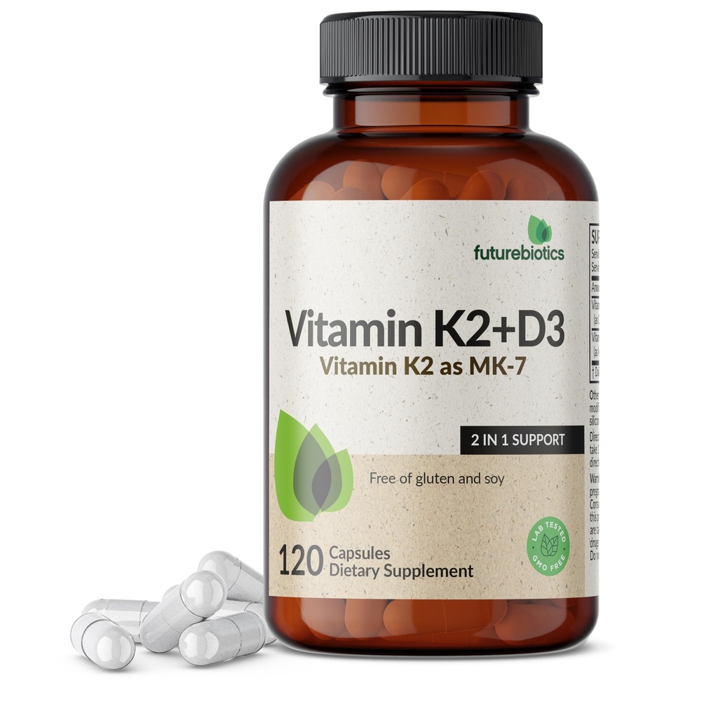ויטמין K2 (MK7) עם תוסף D3 - Non-GMO פורמולה - 5000 IU ויטמין D3 & 90 mcg ויטמין K2 MK-7, 120 קפסולות צמחוניות