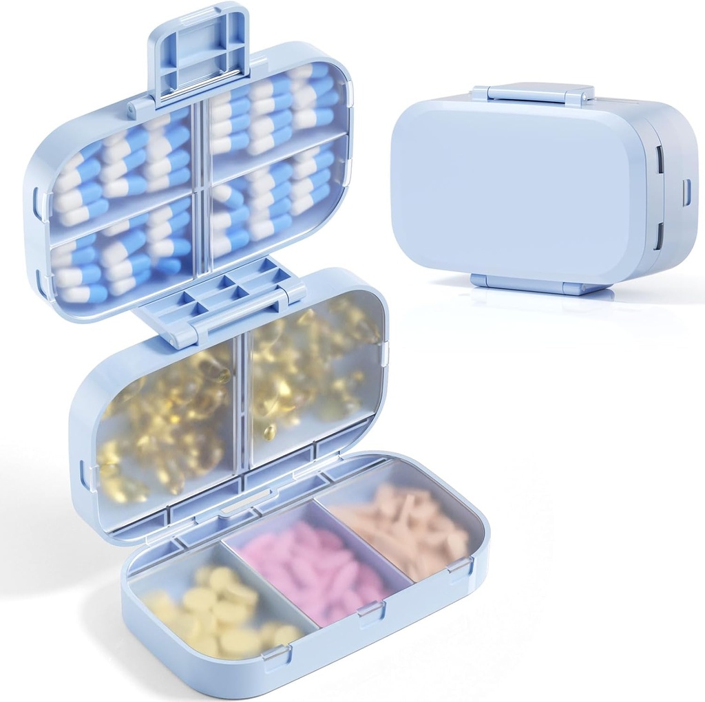 MeACOLIA Triple Folding Pill מארגנת, 9 השוואתיות נסיעות עם יכולות גדולות, Daily Pill Box Small Pill Container for ויטמין, Cod Liver Oil,Supplements (כחול)