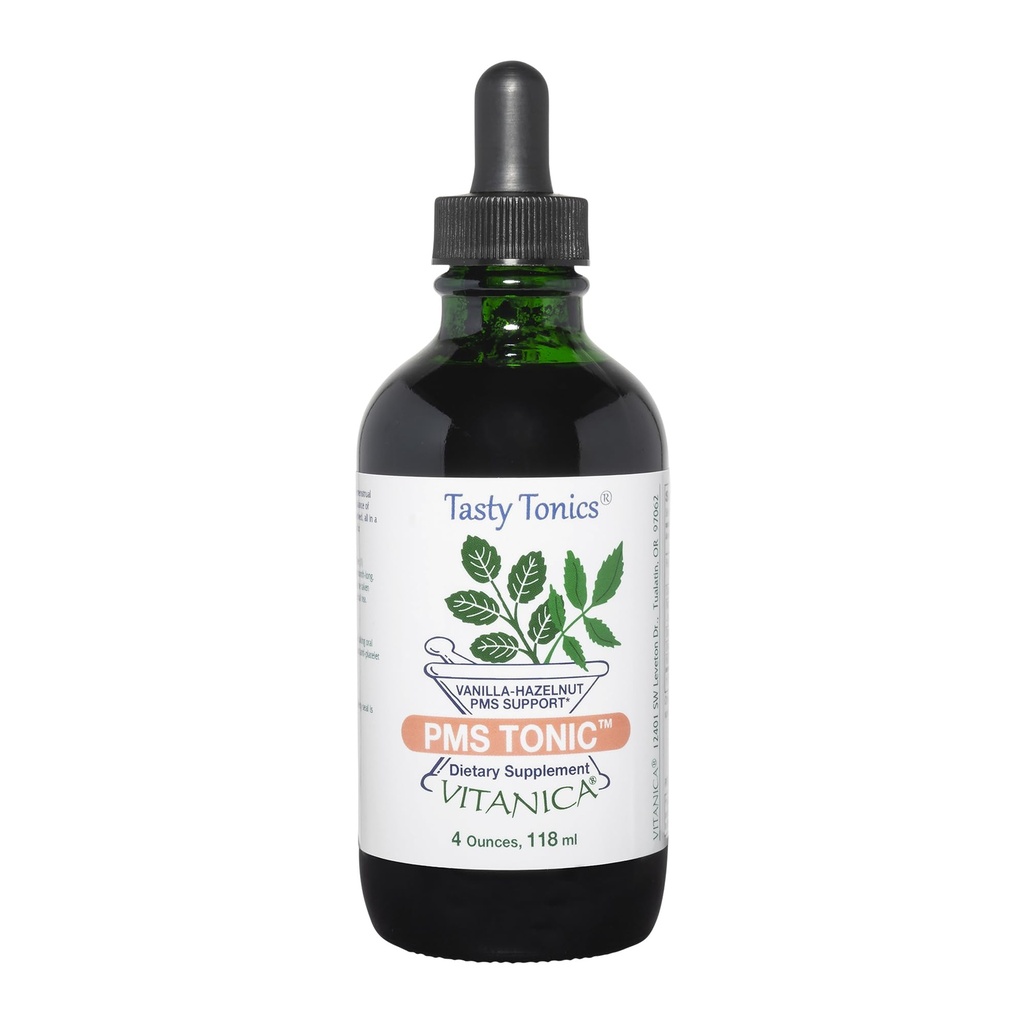 Vitanica PMS Tonic, Premenstrual Support and Relief, Saint Johns Wort, Dong Quai, Chaste Tree Berry, Wild Sea ועוד, טבעוני 4 Ounce