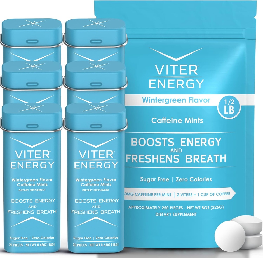 Viter Energy Original Caffeine Mints Wintergreen Flavor 6 Pack ו 1/2 פאונד Bulk Bagdle - 40mg Caffeine, B ויטמינים, סוכר חינם, טבעוני, Powerful Energy Booster for Focus and alertnessnessness