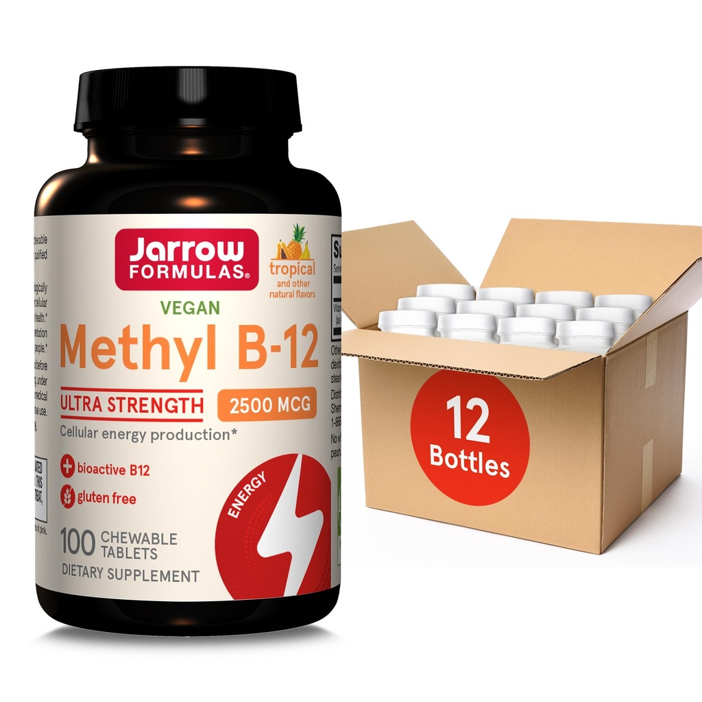 Jarrow Formulas Ultra Power Methyl B-12, תוספת תזונתית לייצור אנרגיה סלולרית, 100 טבליות צ'וולד טרופי, עד 100 יום אספקה, אריזה של 12
