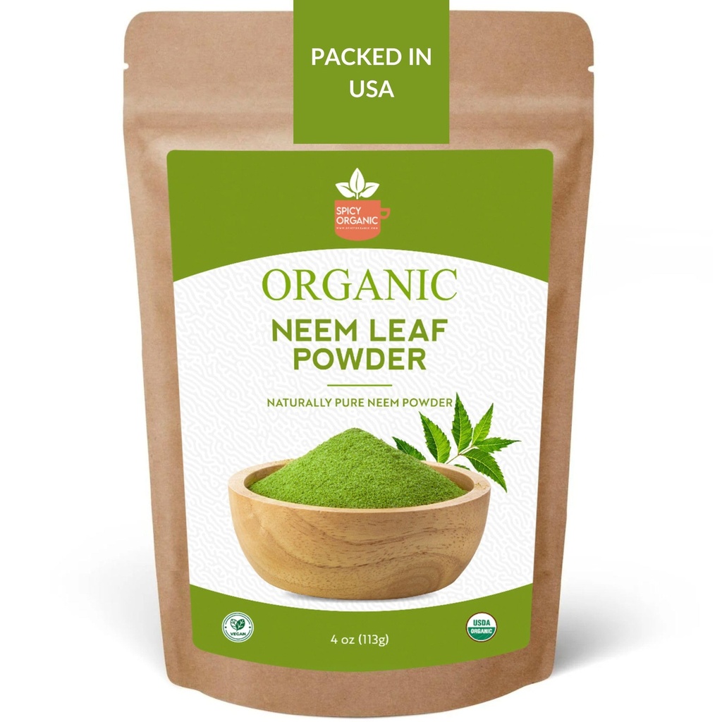SPICY OrganIC Neem אבקת - 4 oz. - USDA אורגני - non-GMO - Fresh Dried Neem Leaves אבקת עבור שיער בריא ועור - Azadirachta Indica Ayurvedic Herb עבור כללי