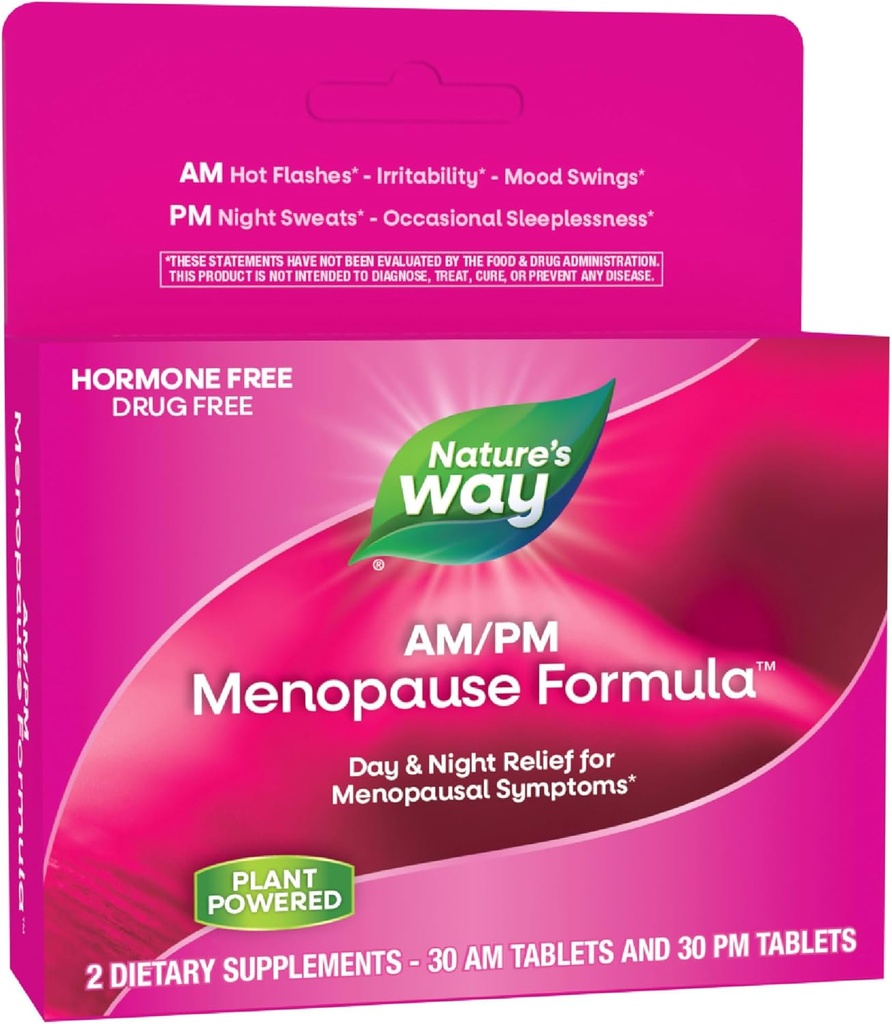Nature's Way AM/PM Menopause תוסף לנשים, Hot Flash Relief*, Night Sweats*, Sleeps*, Mood Swings*, פורמולות ללא הורמונים עם Black Cohosh, האננין, ולריאן, 60 טבליות