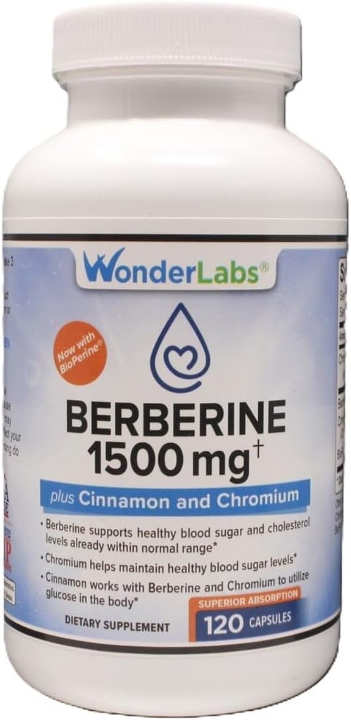 Wonder Laboratories Surperior Absorption Berberine HCL 1500 מ"ג + Cinnamon, Chromium, ו- BioPerine תחזוקה עבור Glucose, Heart & Immune System Health Gluten & GMO חינם - 120 קפסולות