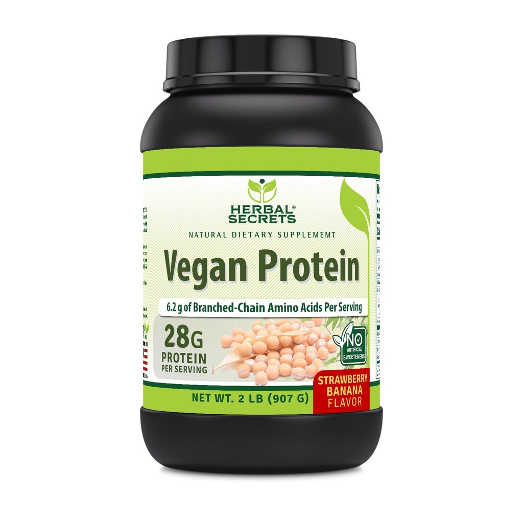 Herbal Secrets Vegan חלבונים | 28 גרם חלבון | 23 משרתים | 6.2 גרמים BCAA תוסף | Made in USA (2 Lb, Strawberry בננה)