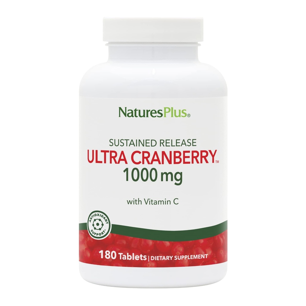 Natures Plus Ultra Cranberry 1000, Sustained לשחרר 1000 מ"ג - קריין טבעי עם ויטמין C - מקדם בריאות וטרינרית - 180 טבליות צמחוניות (90 משרתים)