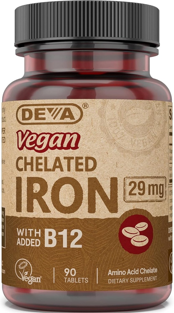 DEVA Vegan Chelated Iron עם ויטמין B-12, תוסף תזונתי, 29 מ"ג, 90 הרוזן