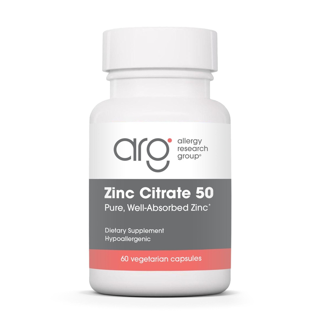 Allergy Research Group Zinc Citrate תוסף - Zinc for Men & Women, Immune Support, Pure, Well-Absorbed, Well-Tolerated, Trace מינרלים, 50mg Vegetarian כמוסות - 60 Count Count Count