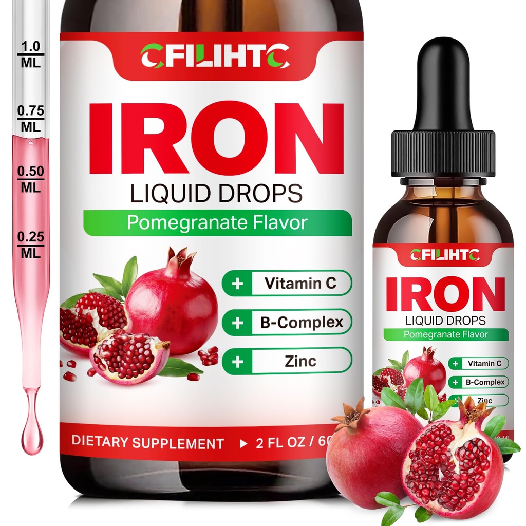 תוספת ברזל נוזלי לנשים וגברים וילדים Multivitamin Iron טיפות עם Folate, ויטמין C, B6, B12, Zinc for anemia, Iron Deficiency, Blood Builder, Energy - Natural Pomegranate Flavor, טבעוני 2 Fl Oz Oz