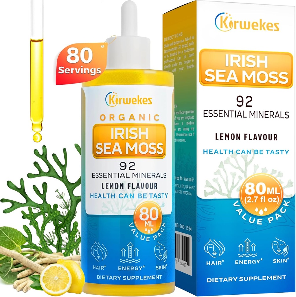 Sea Mosss & Ashwagandha Root טיפות - 10X חזק יותר Seamos & Ashwagandha עבור נשים וגברים, Sea Mos טיפות עבור Mood, Immunity, Digestive, Skin, שיער משותף (Lemon Flavour - 80 משרתים)