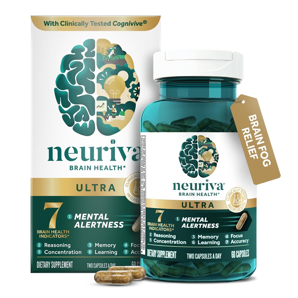 NEURIVA Ultra Decaffeinated Clinically Tested Nootropic Brain תוסף עבור התראה נפשית, זיכרון, מיקוד וריכוז, Cognive, Neurofactor, Phosphatidyline, ויטמינים B6 B12, 60 קפסולות