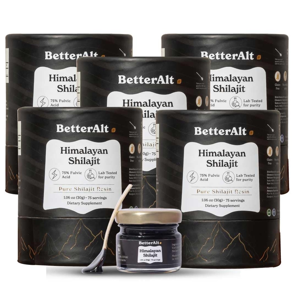 Better Alt Pure ההימלאיה Shilajit Resin Pack של 5 High Potency Gold כיתה 375 משרתות עבור אנרגיה Boost & Immune תמיכה, 85+ Trace מינרלים, 75%+ Fulvic Acid, עם דוח מעבדה,400 מ"ג