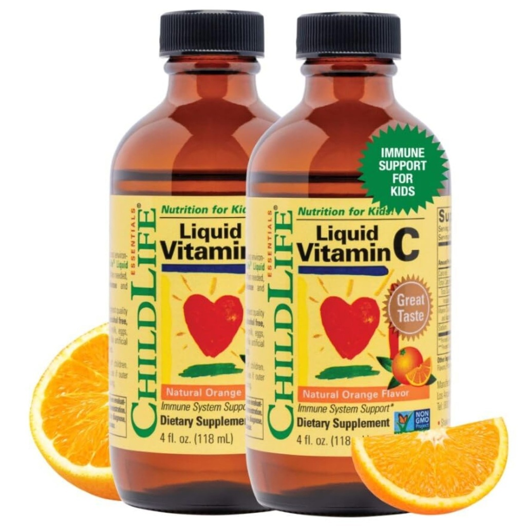 CHILDLIFE ESSENTIALS נוזל ויטמין C - תוסף נוזלי טהור ויטמין C לילדים, תמיכה במערכת החיסון, פלאפור כתום טבעי, 4 Fl Oz (Pack of 2)