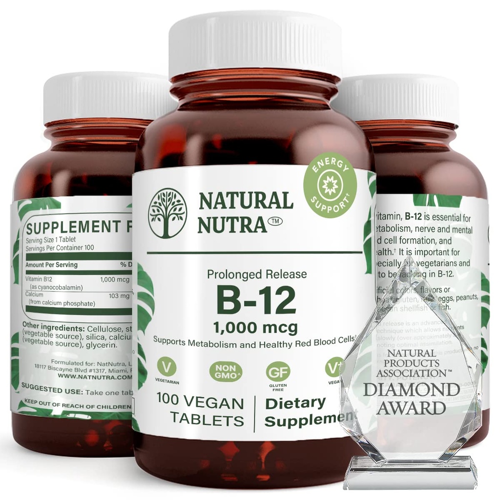 ויטמין Nutra טבעי B12 1000 mcg, קידום לב ועצב בריאות, Cobalamin B12 תוסף, Calcium Phosphate, Help in Metabolism Health, Optimal Absorption, Gluten Free, Sugar Free, 100 Tablet טבעוניים