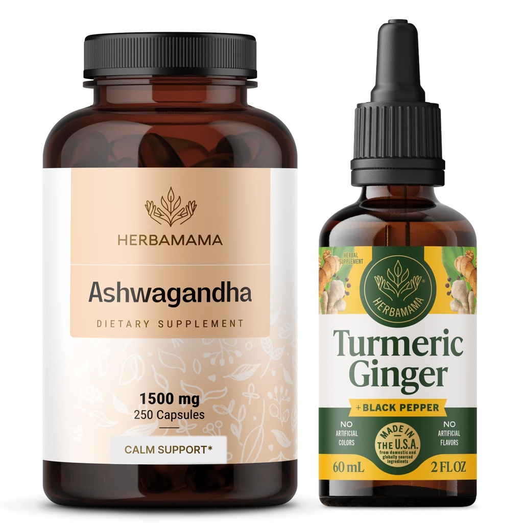 HerBAMAMA Ashwagandha ו Turmeric ג'ינג ' Kit - Bundle של 1500 מ"ג Ashwagandha Root כמוסות & Turmeric ג'ינג'ר Tincture 2 oz - טבעוני, non-GMO, סוכר ואלכוהול חינם - 2 Packedha Rootbendha Root כמוסות