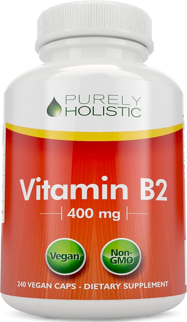 Purely Holistic ויטמין B2 Riboflavin 400 מ"ג - 240 קפסולות טבעוניות, 8 חודשים אספקה - גבוה עוצמה B2 ויטמין - non GMO & Gluten חינם - תמיכה ייצור אנרגיה ובריאות סלולרי