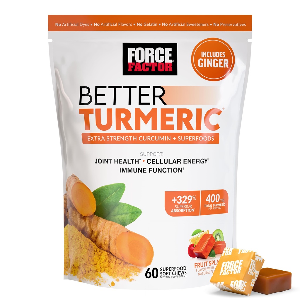 Force Factor Better Turmeric Supplement 400mg with Black Pepper & Ginger, Extra Strength Joint Support, Superior Absorption, Like Turmeric Gummies, Fruit Splash, 60 Turmeric Chews