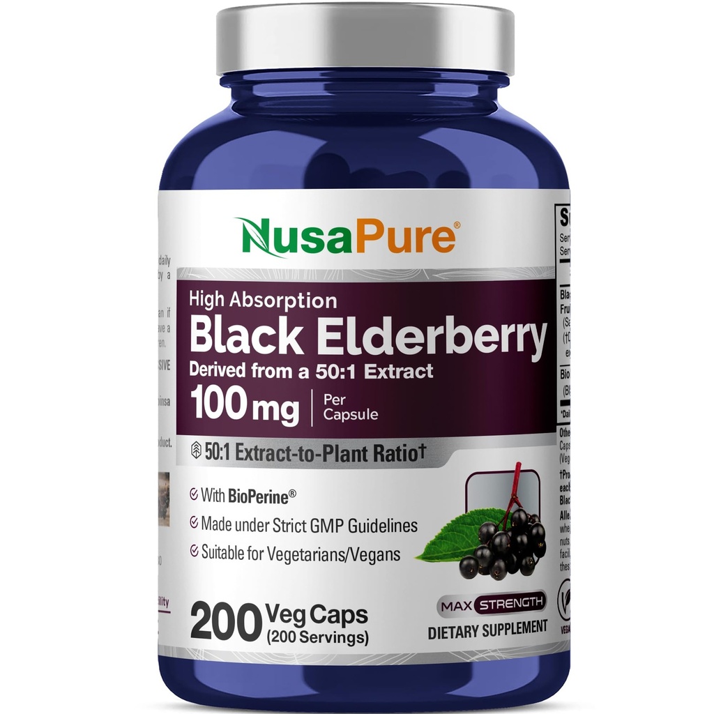 NusaPure Black Elderberry 50:1 לחלץ, 100 מ"ג שווה ל -5,000 מ"ג עבור קפסולות Veggie, 200 Count (Non-GMO, Bioperine) תוסף סמבוקוס