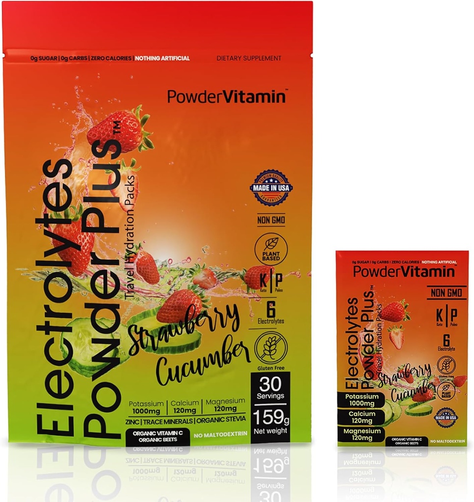 PowerVitamin Electrolytes אבקת Packets - Strawberry Cucumber - Keto Electrolytes עבור Daily Energy - אבקת הידרה עם 1000 מ"ג פוטאסום, 120 מ"ג מגנזיום, Zero Calories - 30 hydrotion Packets