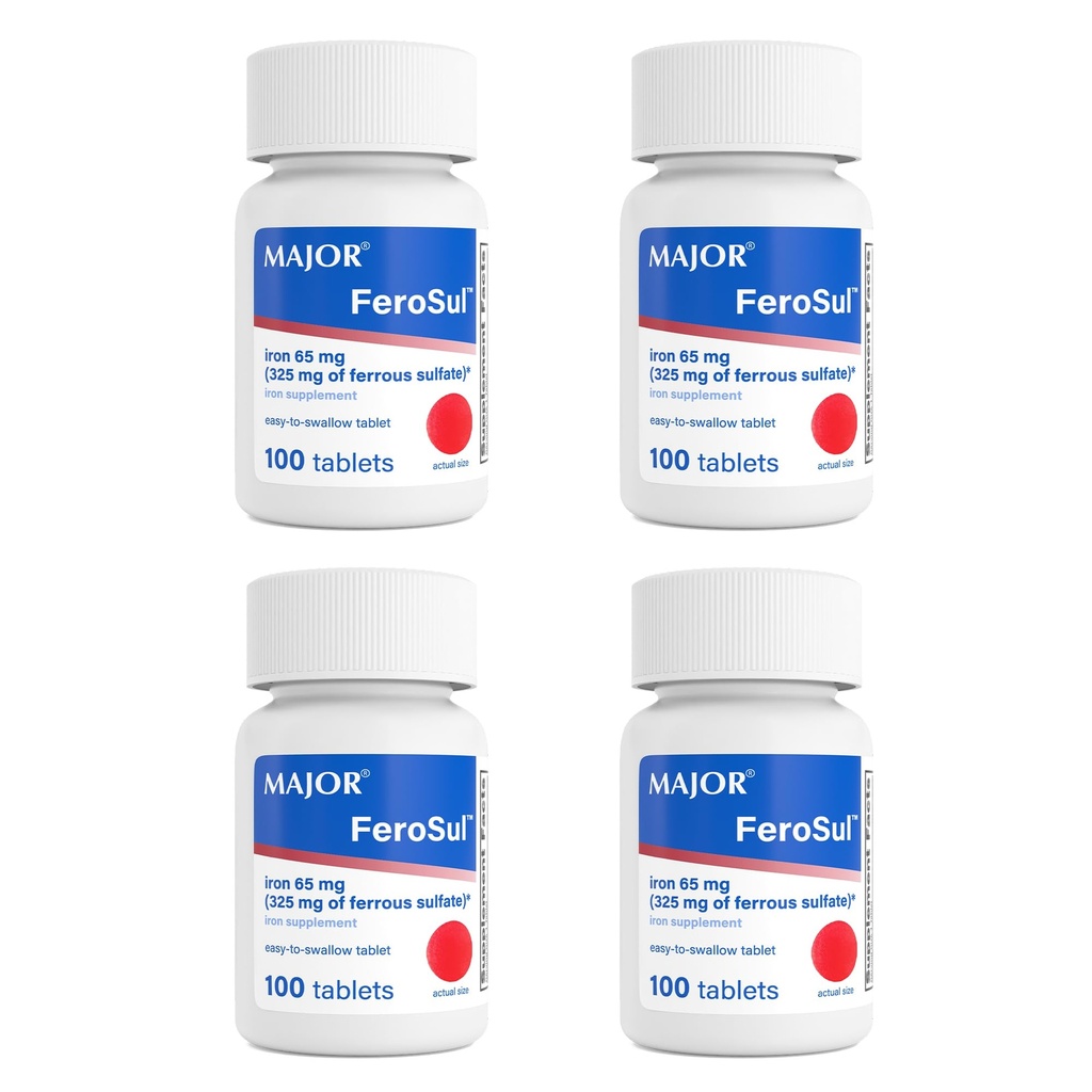 Major FeroSul - Ferrous Sulfate 325 מ"ג טבליות - תוספת ברזל לנשים וגברים - במיוחד coated Easy-to-Swallow טבליות - Red - 100 Count (4 Pack)