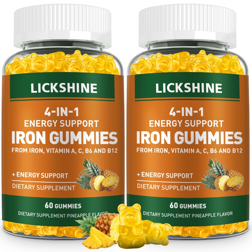 2 Pack טבעוני 100MG ברזל תוספת חניכיים עבור נשים וגברים - עם ויטמין C, A, B עבור מבוגרים וילדים - תמיכה באנרגיה עבור הגנה על ברזל, אנמיה - Pineapple Flavor (120 Ct)