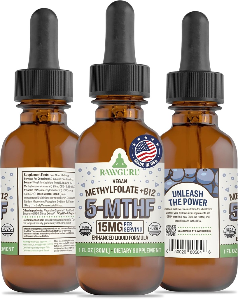 RawGuru L-Methylfolate 15 מ"ג + ויטמין B12 - אורגני Methylated B12 עם Trace מינרלים - Nano-Processed & Enhanced נוזל פורמולה - 300 משרתות טבעוניות טיפות ל -30 מ"ל, Pack של 1 1 1 1