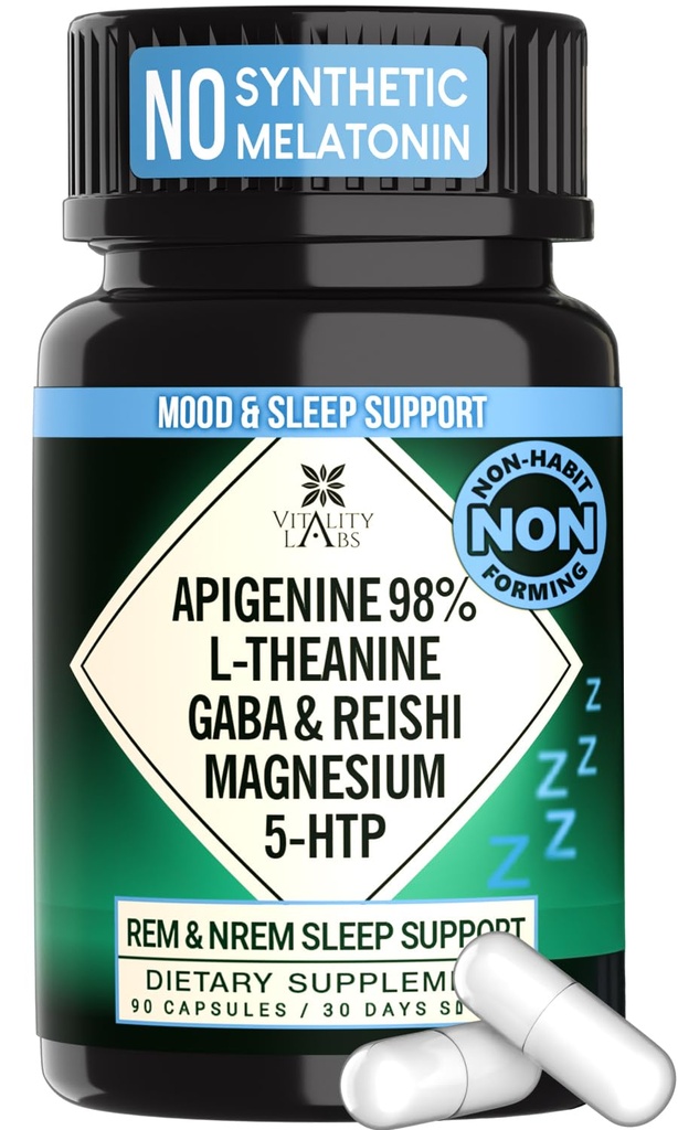 תוספת טבעית לשינה למבוגרים ללא מלטונין - Non-Habit Forming Herbal Sleep - GABA, L-theanine, Reishi Mushroom, Apigenin, Magnesium Glycinate, 5-HTP - 90 קפסולות טבעוניות