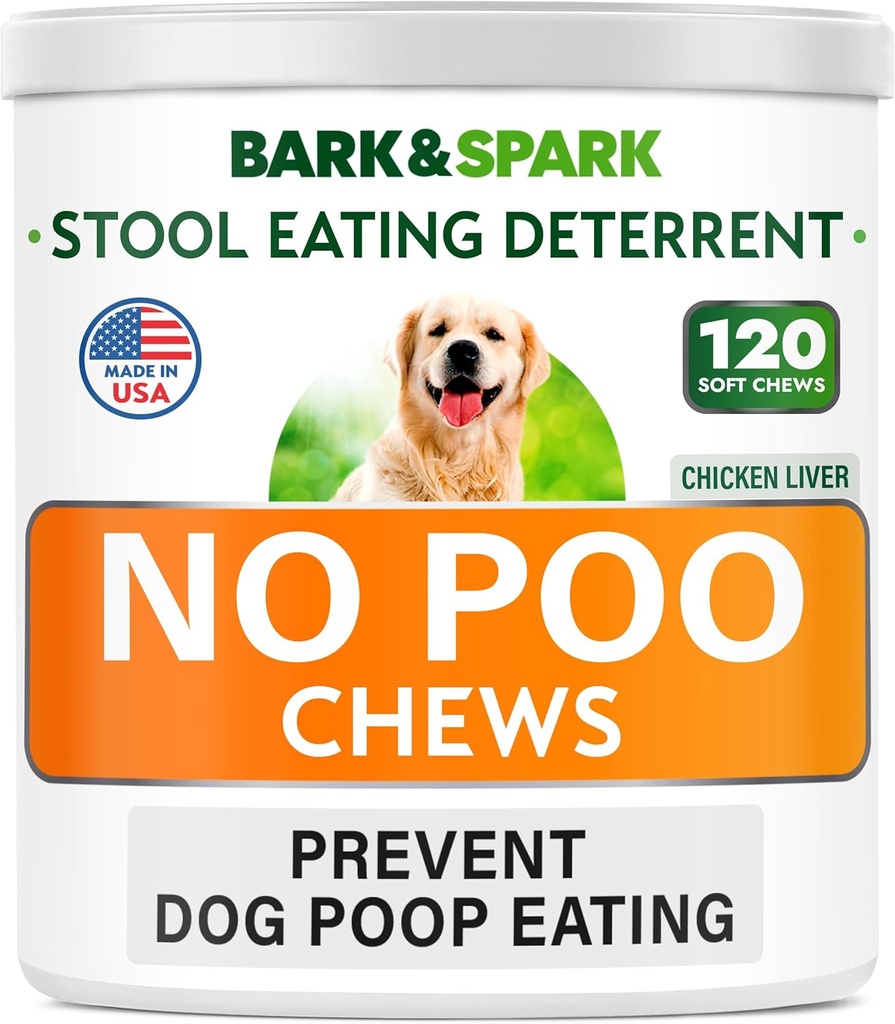 BARK &SPARK no Poo Treats - Prevent Dog Poop Eating - Coprophagia Treatment - Stool Eating Deterrent - Probiotics & Enzymes - בריאות עיכול + נשימה - 120 Soft Chews - ארה"ב Made - Liver