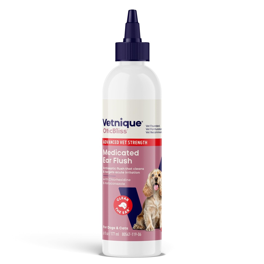 Vetnique Oticblis Advanced Power Medicated Dog Ear Treatment, Antiseptic אוזניים ניקוי יותר עבור Cat & כלב האוזן פתרון Chlorhexidine & Ketoconazole (6oz Flush)
